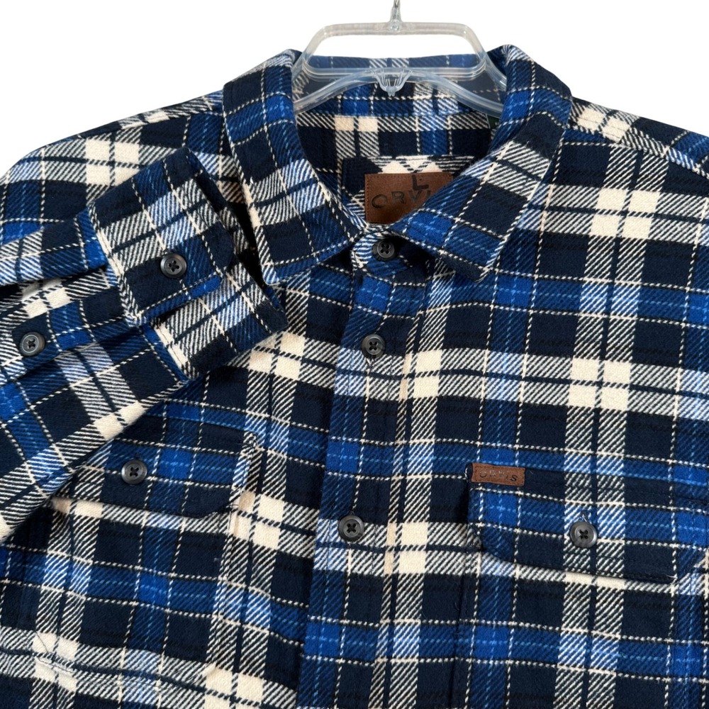Orvis Flannel Shirt Mens Large Blue Plaid Long Sleeve Heavy Cotton Button Down